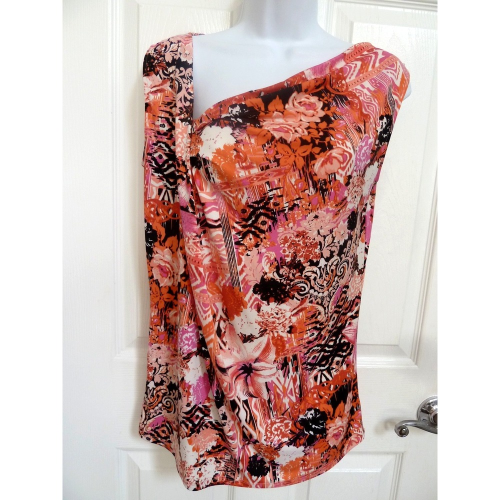 ALEX MARIE Womens Small Asymmetrical Neckline Floral Abstract Career Blouse Top